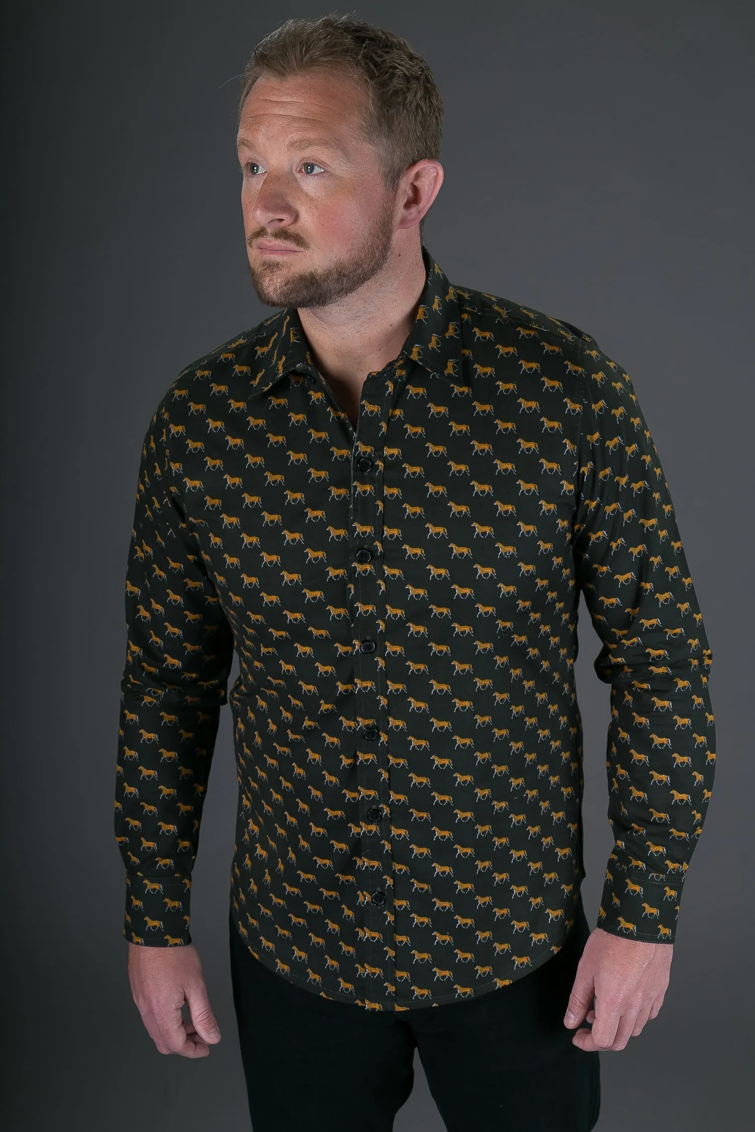 Yellow Horses Green Print Cotton Slim Fit Mens Shirt Long Sleeve