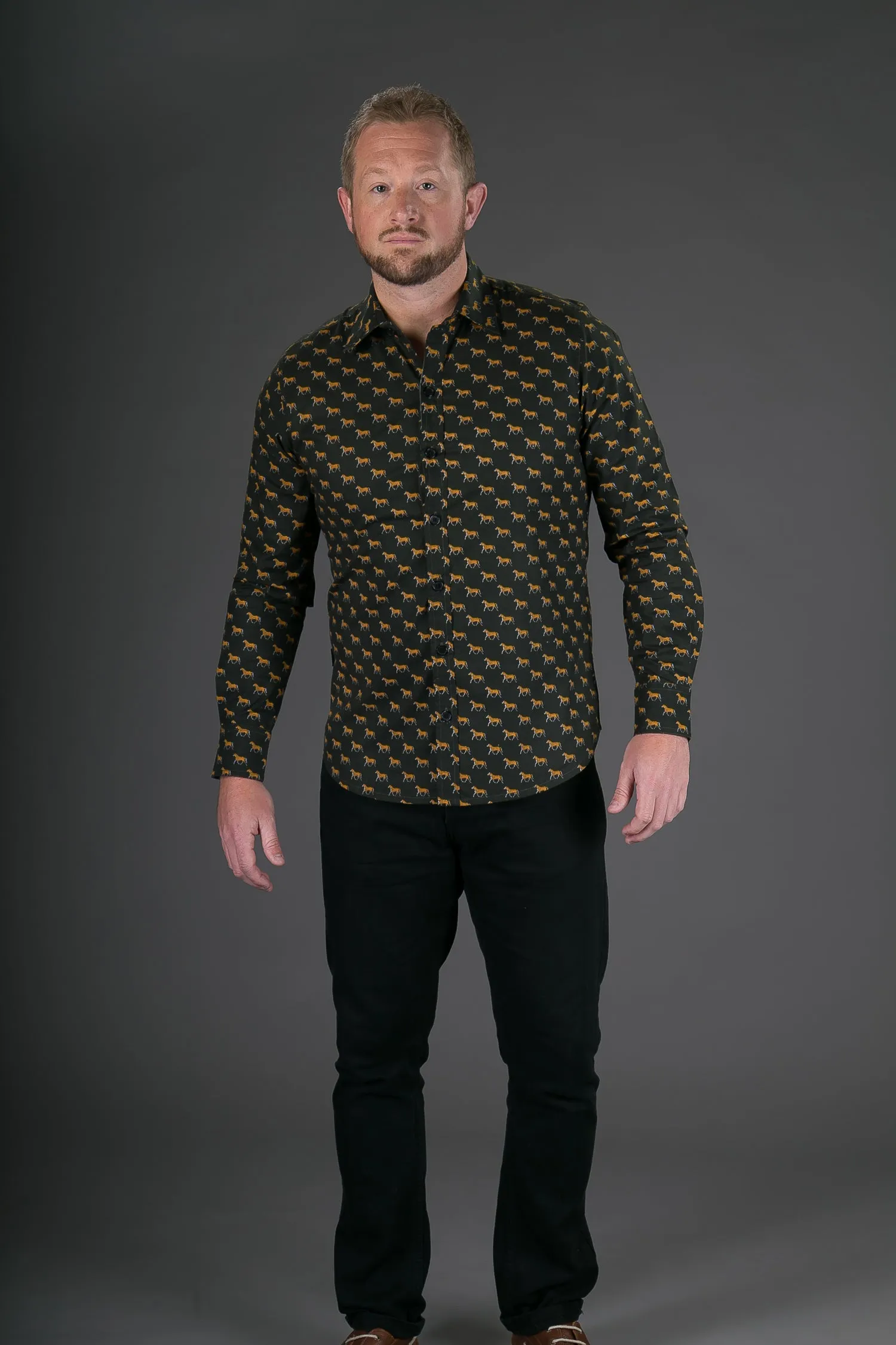 Yellow Horses Green Print Cotton Slim Fit Mens Shirt Long Sleeve